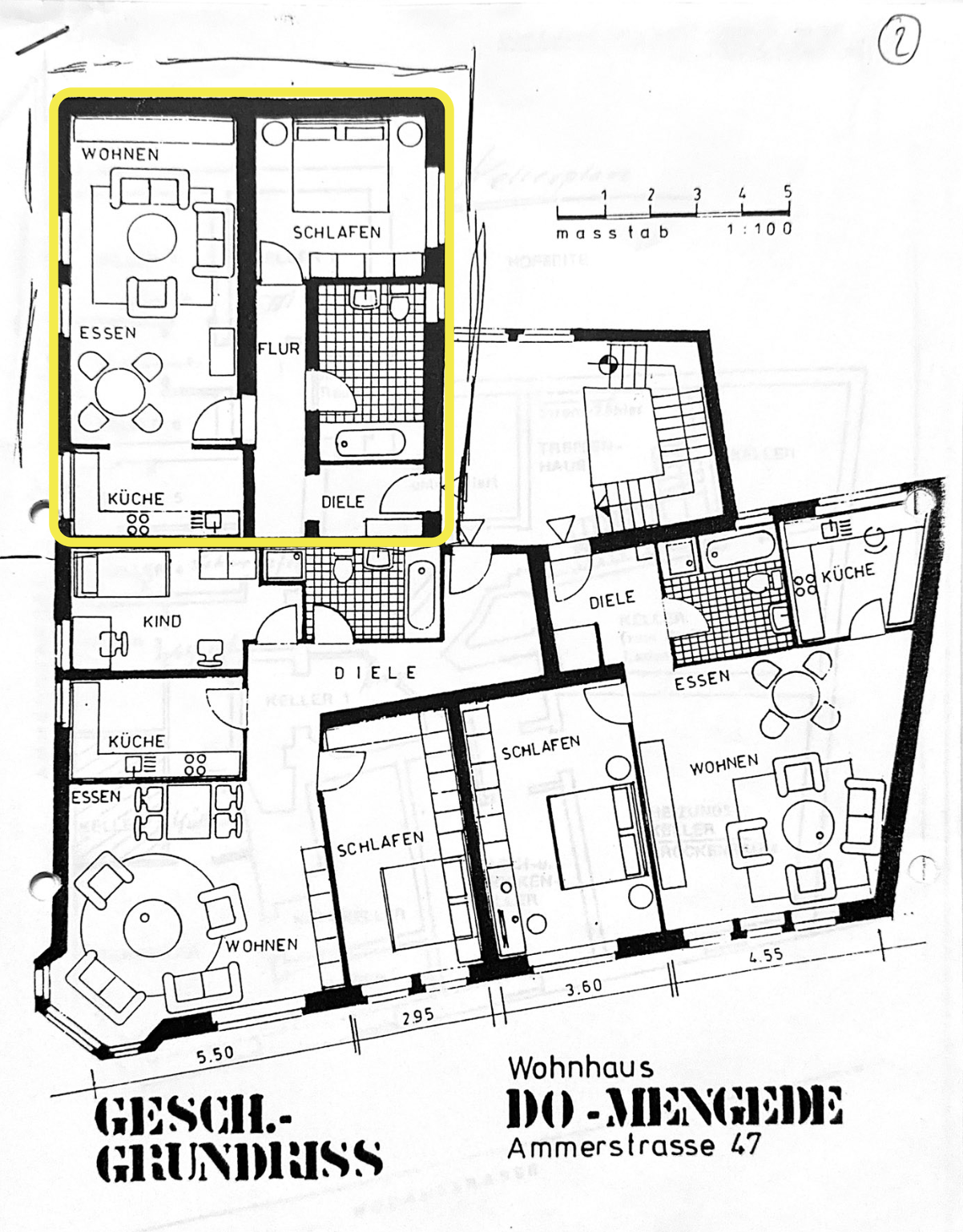 Grundriss des Wohnhauses Ammerstraße 47; die angebotene Wohnung ist gelb markiert